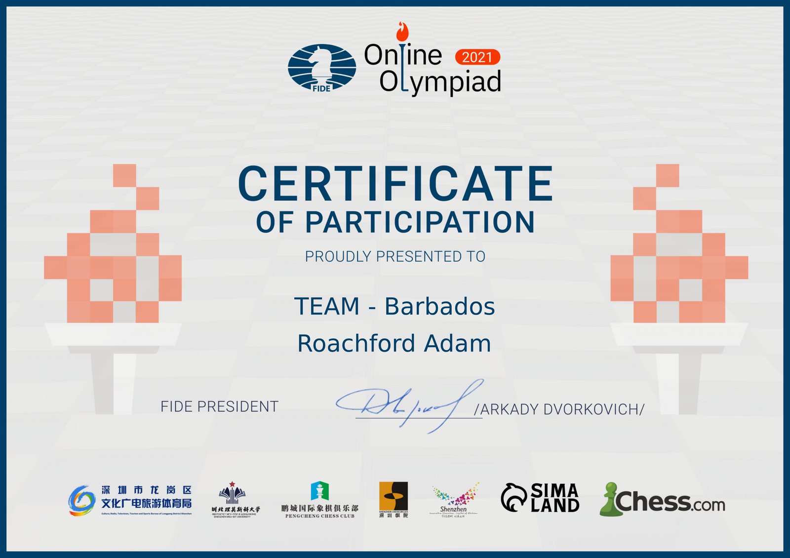 FIDE Online Chess Olympiad 2021 certificate for Adam Roachford and Team Barbados