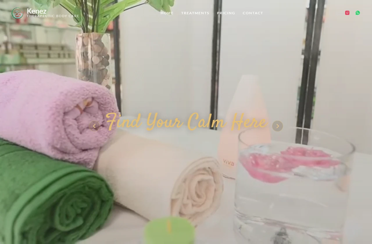 Kenez massage therapy website showing the welcome page and navigation